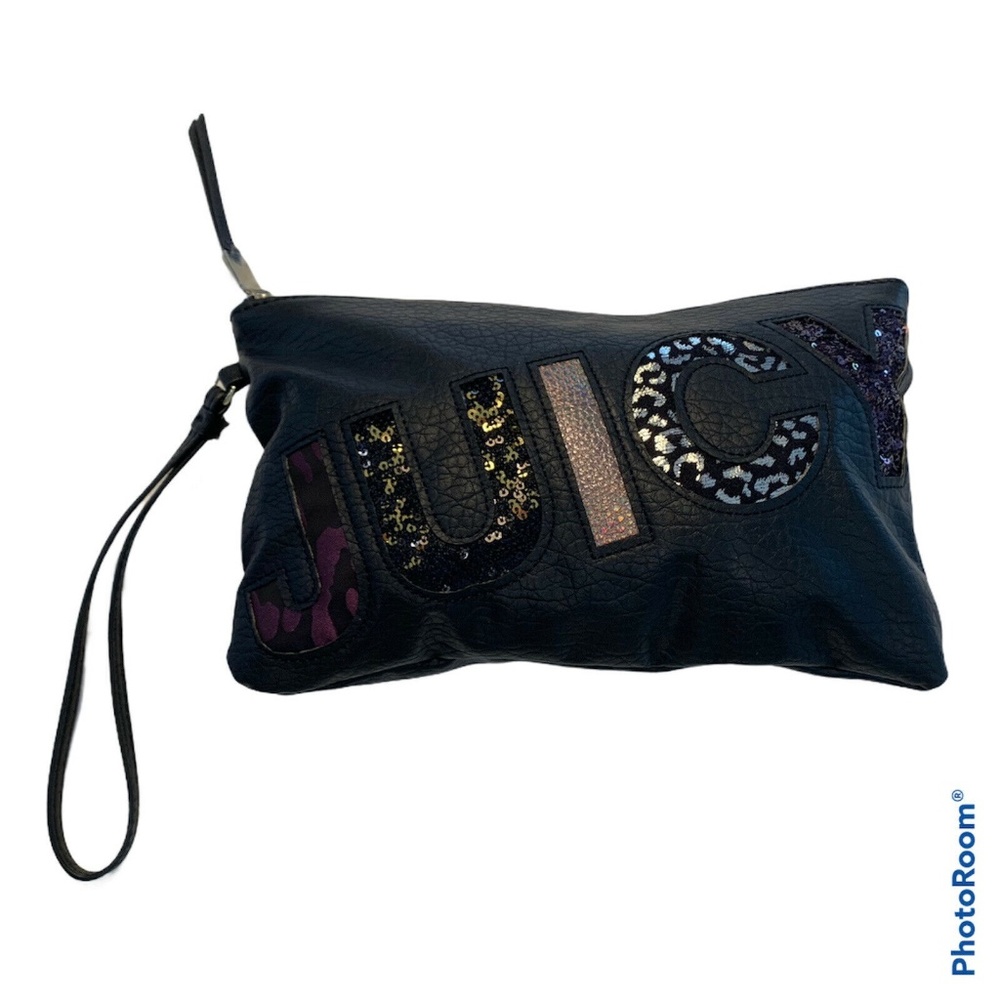 New JUICY COUTURE Wristlet Clutch Bag Black Leathe